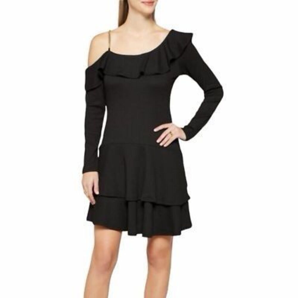 Michael Kors Black Off Shoulder Ruffle Dress XS Petite Long Sleeve Flowy Cocktai